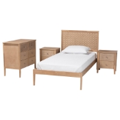 Baxton Studio Lara Twin 4-Piece Bedroom Set - Modern Wood Bed Frame with Matching Nightstands and Dresser, Decorative Laser-Cut Overlay, oak Brown